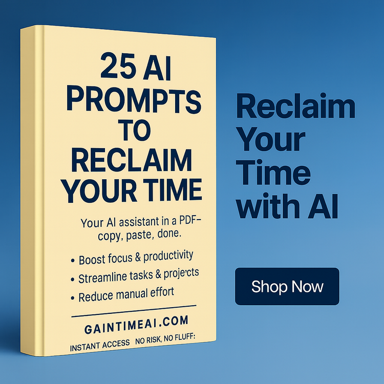 25 AI Prompts to Reclaim Your Time - yellow PDF cover on blue background for digital productivity tool kit