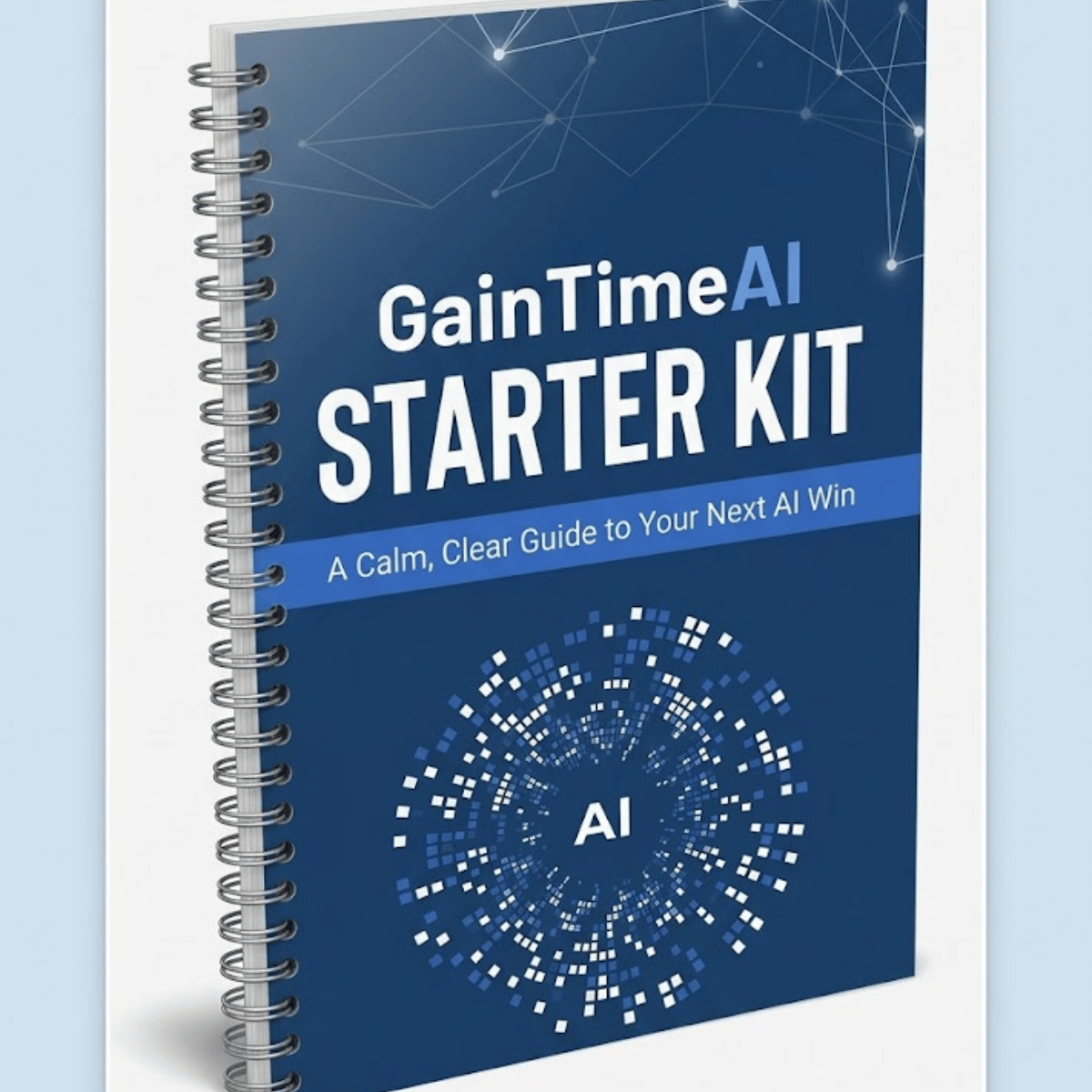 A spiral-bound notebook titled 'GainTimeAI Starter Kit' with a dark blue cover, white and light blue text, and a circular pixel-style AI graphic near the bottom, shown on a light gray background.