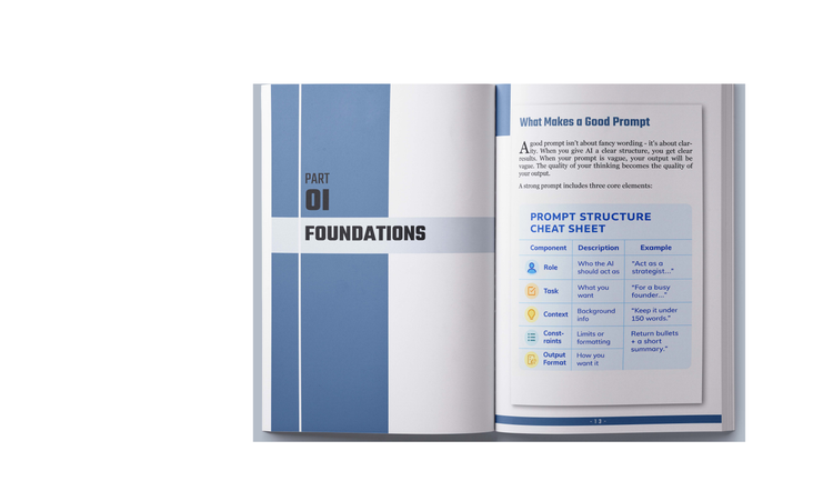 Open eBook showing the "Foundations' section with a page titled 'What Makes a Good Prompt' and a Prompt Structure Cheat Sheet.